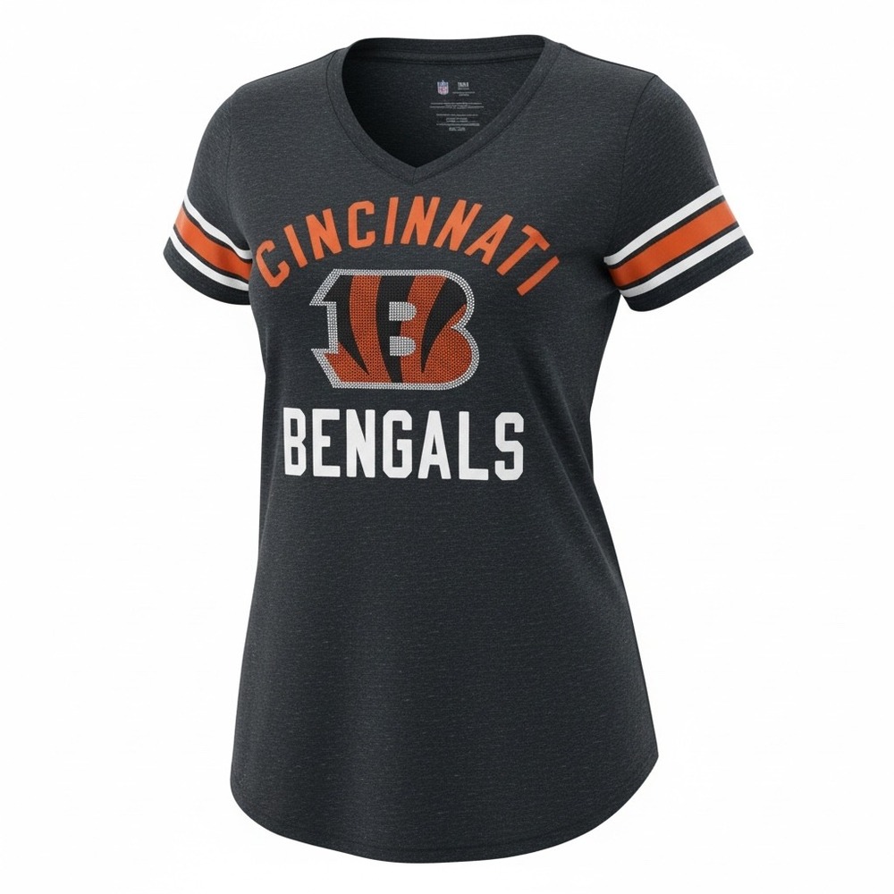 NFL Cincinnati Bengals Women's V Neck T Shirt Sparkle Logo Orange White Size M - Picture 12 of 13